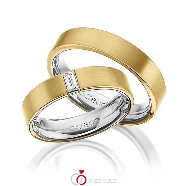 Set Bicolor trouwringen in buiten geelgoud 14 kt. , binnen grijsgoud 14 kt. met in totaal 0,2 ct. Baguette-Diamant tw,vs van acredo - A-1470-9 Set Bicolor trouwringen in buiten geelgoud 14 kt. , binnen grijsgoud 14 kt. met in totaal 0,2 ct. Baguette-Diamant tw,vs van acredo - A-1470-9