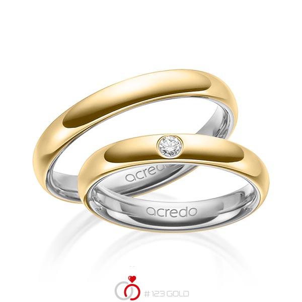 Set Bicolor trouwringen in buiten geelgoud 18 kt. , binnen platina 950 met in totaal 0,06 ct. Briljant tw/si van acredo - A-1465-13 Set Bicolor trouwringen in buiten geelgoud 18 kt. , binnen platina 950 met in totaal 0,06 ct. Briljant tw/si van acredo - A-1465-13