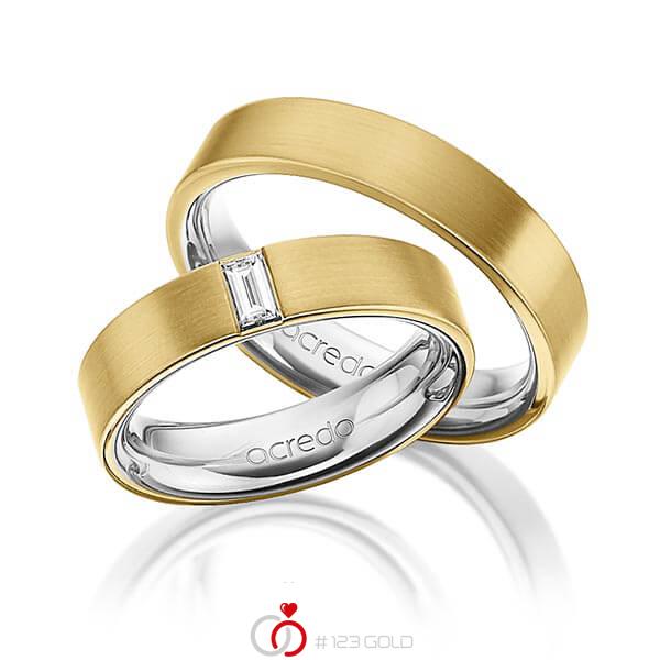 Set Bicolor trouwringen in buiten geelgoud 18 kt. , binnen platina 950 met in totaal 0,2 ct. Baguette-Diamant tw,vs van acredo - A-1470-13 Set Bicolor trouwringen in buiten geelgoud 18 kt. , binnen platina 950 met in totaal 0,2 ct. Baguette-Diamant tw,vs van acredo - A-1470-13