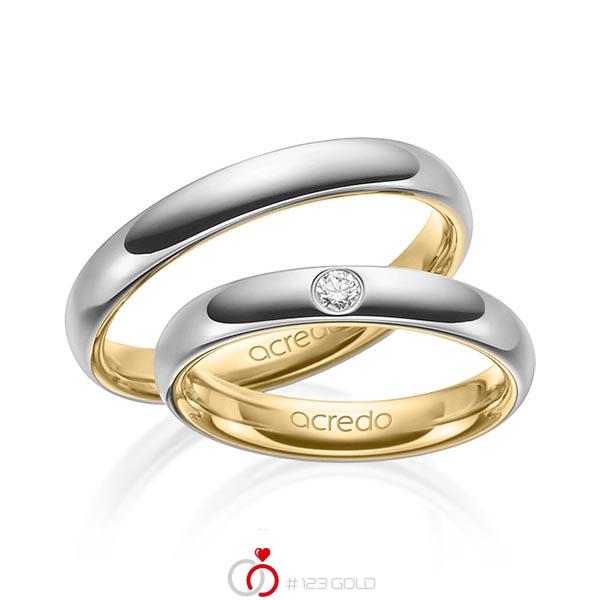Set Bicolor trouwringen in buiten grijsgoud 14 kt. , binnen geelgoud 14 kt. met in totaal 0,06 ct. Briljant tw/si van acredo - A-1465-2 Set Bicolor trouwringen in buiten grijsgoud 14 kt. , binnen geelgoud 14 kt. met in totaal 0,06 ct. Briljant tw/si van acredo - A-1465-2