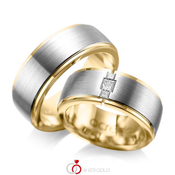 Set Bicolor trouwringen in buiten grijsgoud 14 kt. , binnen geelgoud 14 kt. met in totaal 0,21 ct. Princess-Diamant tw/si van acredo - A-1087-5 Set Bicolor trouwringen in buiten grijsgoud 14 kt. , binnen geelgoud 14 kt. met in totaal 0,21 ct. Princess-Diamant tw/si van acredo - A-1087-5