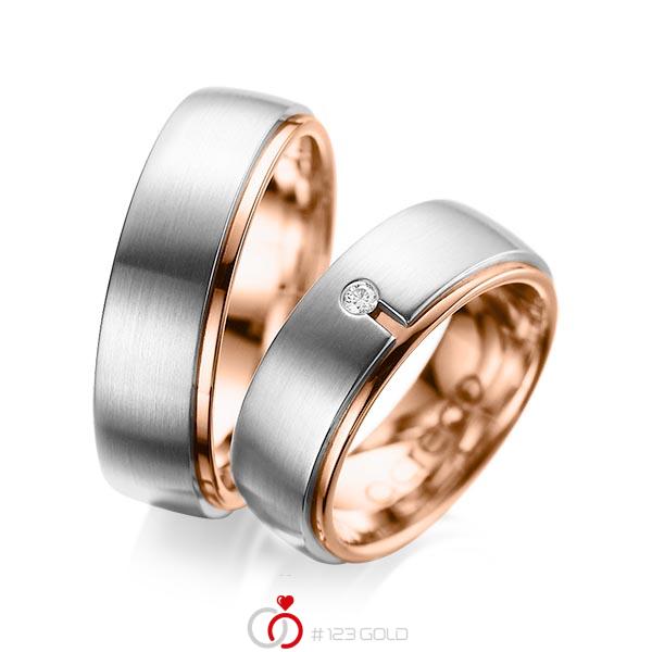 Set Bicolor trouwringen in buiten grijsgoud 14 kt. , binnen roodgoud 14 kt. met in totaal 0,03 ct. Briljant tw/si van acredo - A-1090-7 Set Bicolor trouwringen in buiten grijsgoud 14 kt. , binnen roodgoud 14 kt. met in totaal 0,03 ct. Briljant tw/si van acredo - A-1090-7