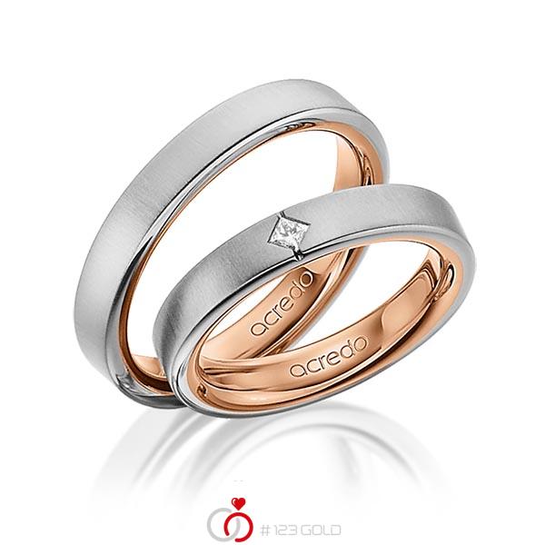 Set Bicolor trouwringen in buiten grijsgoud 14 kt. , binnen roodgoud 14 kt. met in totaal 0,05 ct. Princess-Diamant tw/si van acredo - A-1468-1 Set Bicolor trouwringen in buiten grijsgoud 14 kt. , binnen roodgoud 14 kt. met in totaal 0,05 ct. Princess-Diamant tw/si van acredo - A-1468-1