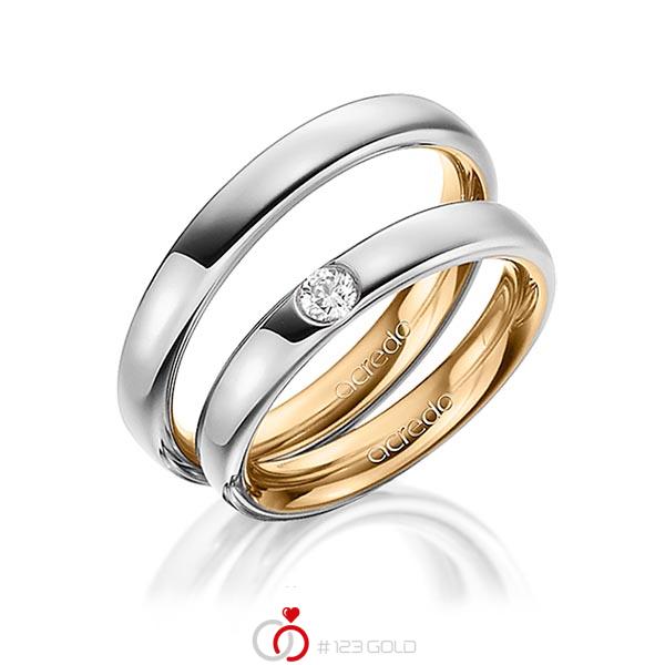 Set Bicolor trouwringen in buiten grijsgoud 14 kt. , binnen roségoud 14 kt. met in totaal 0,12 ct. Briljant tw/si van acredo - A-1466-9 Set Bicolor trouwringen in buiten grijsgoud 14 kt. , binnen roségoud 14 kt. met in totaal 0,12 ct. Briljant tw/si van acredo - A-1466-9