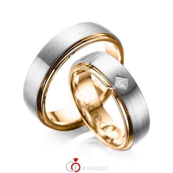 Set Bicolor trouwringen in buiten grijsgoud 14 kt. , binnen roségoud 14 kt. met in totaal 0,1 ct. Princess-Diamant tw/si van acredo - A-1061-5 Set Bicolor trouwringen in buiten grijsgoud 14 kt. , binnen roségoud 14 kt. met in totaal 0,1 ct. Princess-Diamant tw/si van acredo - A-1061-5
