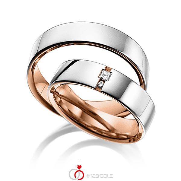 Set Bicolor trouwringen in buiten platina 950 , binnen roodgoud 18 kt. met in totaal 0,06 ct. Princess-Diamant & Briljant tw/si van acredo - A-6015-2 Set Bicolor trouwringen in buiten platina 950 , binnen roodgoud 18 kt. met in totaal 0,06 ct. Princess-Diamant & Briljant tw/si van acredo - A-6015-2
