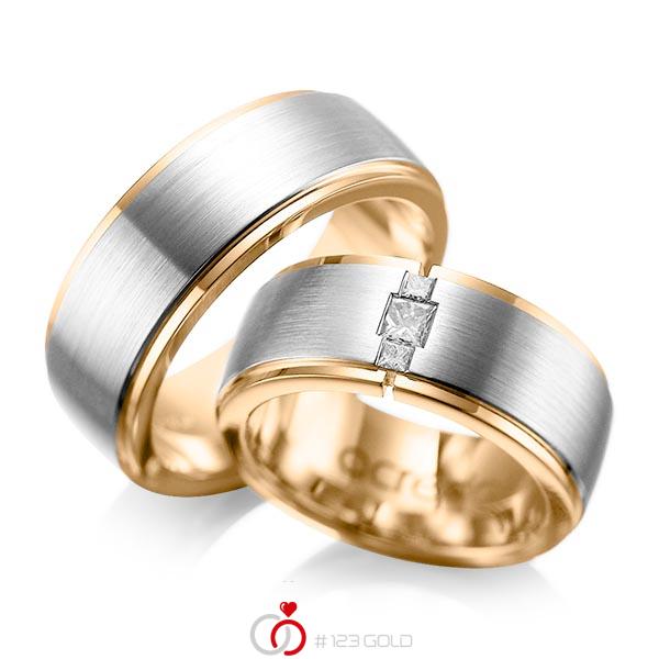 Set Bicolor trouwringen in buiten platina 950 , binnen roségoud 18 kt. met in totaal 0,21 ct. Princess-Diamant tw/si van acredo - A-1087-4 Set Bicolor trouwringen in buiten platina 950 , binnen roségoud 18 kt. met in totaal 0,21 ct. Princess-Diamant tw/si van acredo - A-1087-4