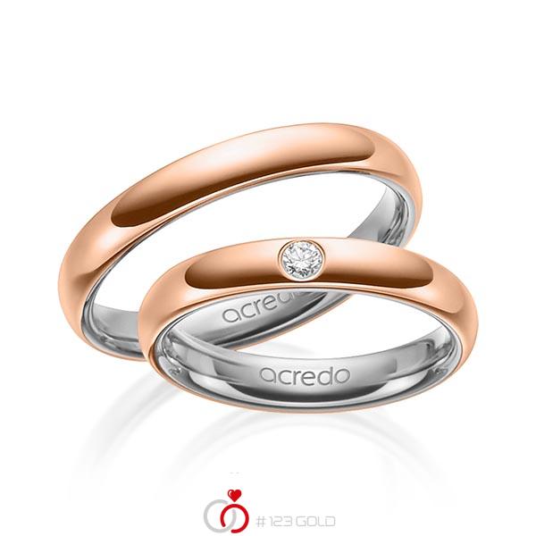 Set Bicolor trouwringen in buiten roodgoud 14 kt. , binnen grijsgoud 14 kt. met in totaal 0,06 ct. Briljant tw/si van acredo - A-1465-10 Set Bicolor trouwringen in buiten roodgoud 14 kt. , binnen grijsgoud 14 kt. met in totaal 0,06 ct. Briljant tw/si van acredo - A-1465-10
