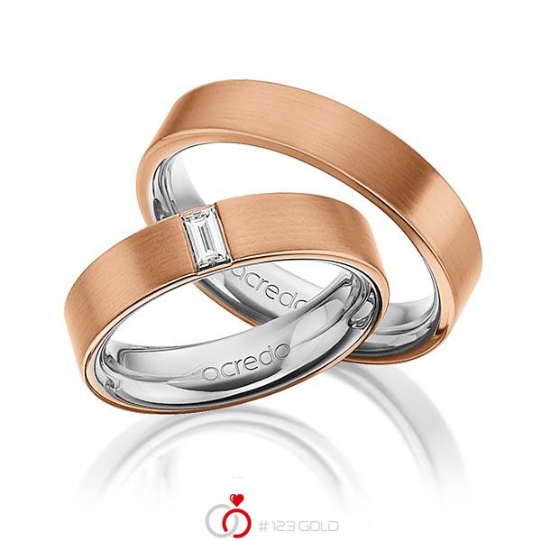 Set Bicolor trouwringen in buiten roodgoud 14 kt. , binnen grijsgoud 14 kt. met in totaal 0,2 ct. Baguette-Diamant tw,vs van acredo - A-1470-11 Set Bicolor trouwringen in buiten roodgoud 14 kt. , binnen grijsgoud 14 kt. met in totaal 0,2 ct. Baguette-Diamant tw,vs van acredo - A-1470-11