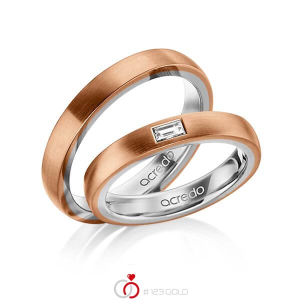 Set Bicolor trouwringen in buiten roodgoud 18 kt. , binnen platina 950 met in totaal 0,15 ct. Baguette-Diamant tw,vs van acredo - A-1467-14 Set Bicolor trouwringen in buiten roodgoud 18 kt. , binnen platina 950 met in totaal 0,15 ct. Baguette-Diamant tw,vs van acredo - A-1467-14
