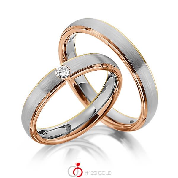 Set Bicolor trouwringen in geelgoud 14 kt. dark grey gold 14 kt. roodgoud 14 kt. met in totaal 0,1 ct. Briljant tw/si van Steinberg - Q-1341-15 Set Bicolor trouwringen in geelgoud 14 kt. dark grey gold 14 kt. roodgoud 14 kt. met in totaal 0,1 ct. Briljant tw/si van Steinberg - Q-1341-15