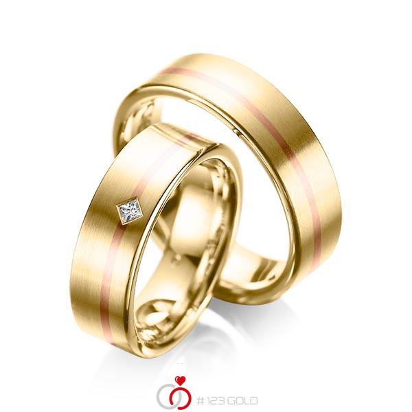Set Bicolor trouwringen in geelgoud 14 kt. roodgoud 14 kt. met in totaal 0,03 ct. Princess-Diamant tw/si van acredo - A-1060-1 Set Bicolor trouwringen in geelgoud 14 kt. roodgoud 14 kt. met in totaal 0,03 ct. Princess-Diamant tw/si van acredo - A-1060-1