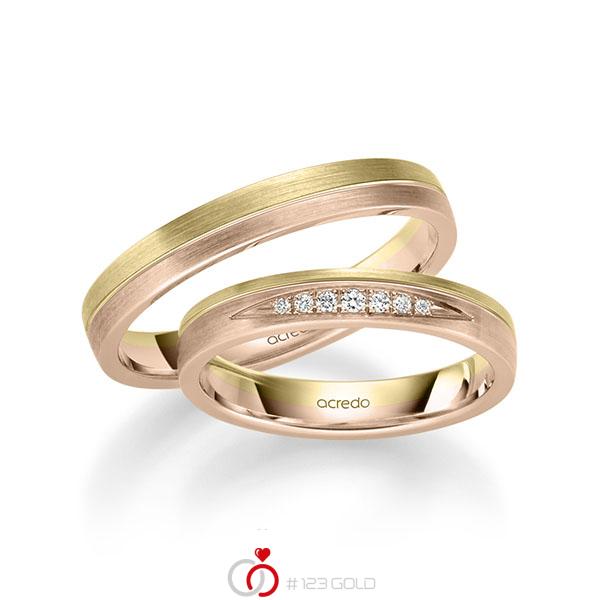 Set Bicolor trouwringen in geelgoud 14 kt. roodgoud 14 kt. met in totaal 0,061 ct. Briljant tw/si van acredo - S-1255-7 Set Bicolor trouwringen in geelgoud 14 kt. roodgoud 14 kt. met in totaal 0,061 ct. Briljant tw/si van acredo - S-1255-7