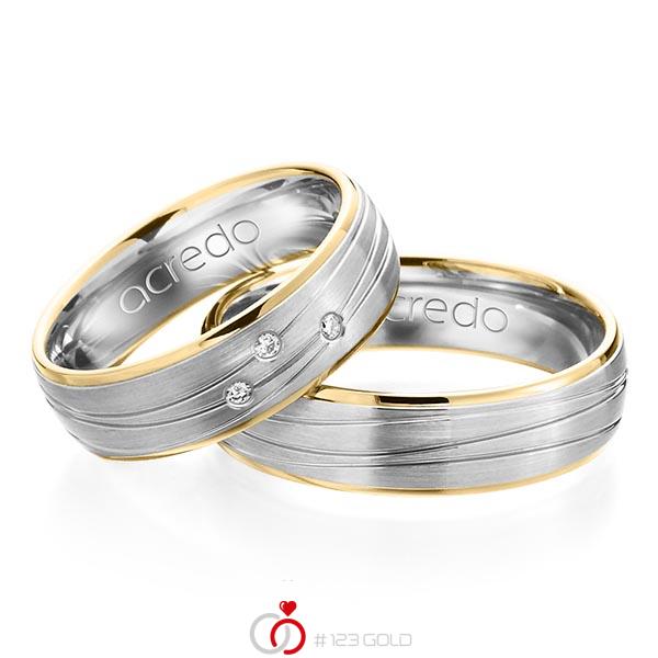 Set Bicolor trouwringen in geelgoud 14 kt. witgoud 14 kt. met in totaal 0,045 ct. Briljant tw/si van acredo - A-1157-2 Set Bicolor trouwringen in geelgoud 14 kt. witgoud 14 kt. met in totaal 0,045 ct. Briljant tw/si van acredo - A-1157-2