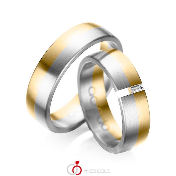 Set Bicolor trouwringen in geelgoud 14 kt. witgoud 14 kt. met in totaal 0,05 ct. Baguette-Diamant tw,vs van acredo - A-1035-1 Set Bicolor trouwringen in geelgoud 14 kt. witgoud 14 kt. met in totaal 0,05 ct. Baguette-Diamant tw,vs van acredo - A-1035-1