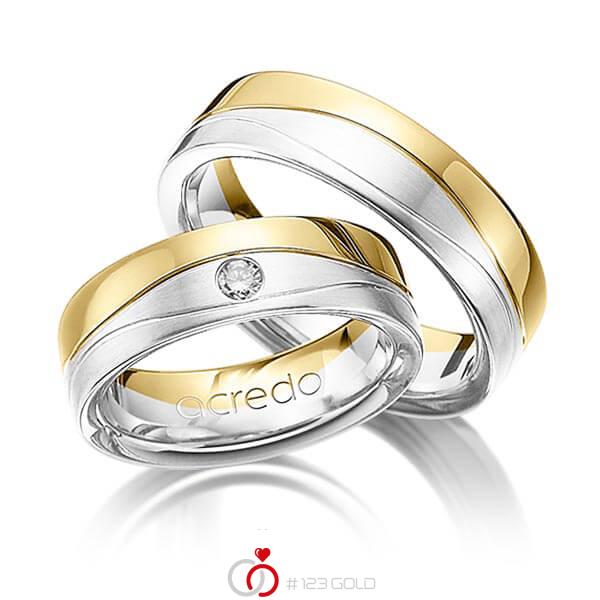 Set Bicolor trouwringen in geelgoud 14 kt. witgoud 14 kt. met in totaal 0,08 ct. Briljant tw/si van acredo - A-1160-2 Set Bicolor trouwringen in geelgoud 14 kt. witgoud 14 kt. met in totaal 0,08 ct. Briljant tw/si van acredo - A-1160-2