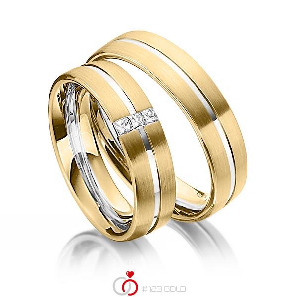 Set Bicolor trouwringen in geelgoud 14 kt. witgoud 14 kt. met in totaal 0,09 ct. Princess-Diamant tw/si van Steinberg - Q-1344-13 Set Bicolor trouwringen in geelgoud 14 kt. witgoud 14 kt. met in totaal 0,09 ct. Princess-Diamant tw/si van Steinberg - Q-1344-13