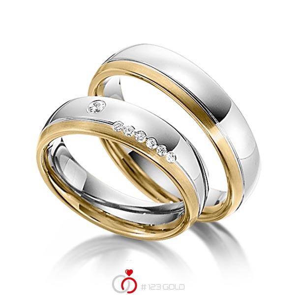Set Bicolor trouwringen in geelgoud 14 kt. witgoud 14 kt. met in totaal 0,1 ct. Briljant tw/si van Steinberg - Q-1339-1 Set Bicolor trouwringen in geelgoud 14 kt. witgoud 14 kt. met in totaal 0,1 ct. Briljant tw/si van Steinberg - Q-1339-1