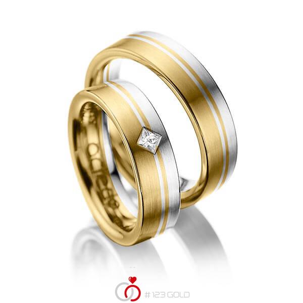 Set Bicolor trouwringen in geelgoud 14 kt. witgoud 14 kt. met in totaal 0,1 ct. Princess-Diamant tw/si van acredo - A-1020-10 Set Bicolor trouwringen in geelgoud 14 kt. witgoud 14 kt. met in totaal 0,1 ct. Princess-Diamant tw/si van acredo - A-1020-10