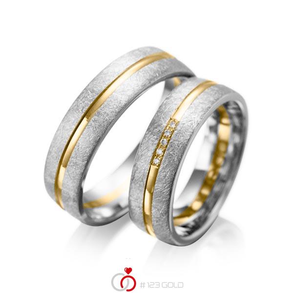 Set Bicolor trouwringen in grijsgoud 14 kt. geelgoud 14 kt. met in totaal 0,025 ct. Briljant tw/si van acredo - A-1007-5 Set Bicolor trouwringen in grijsgoud 14 kt. geelgoud 14 kt. met in totaal 0,025 ct. Briljant tw/si van acredo - A-1007-5