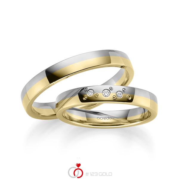 Set Bicolor trouwringen in grijsgoud 14 kt. geelgoud 14 kt. met in totaal 0,031 ct. Briljant tw/si van acredo - S-1253-4 Set Bicolor trouwringen in grijsgoud 14 kt. geelgoud 14 kt. met in totaal 0,031 ct. Briljant tw/si van acredo - S-1253-4