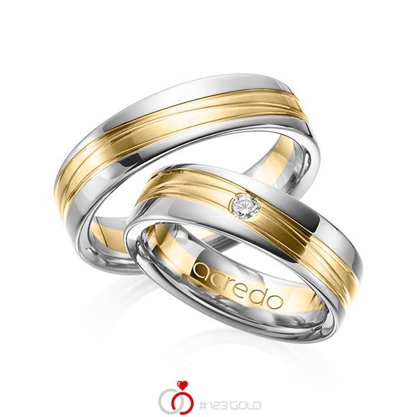Set Bicolor trouwringen in grijsgoud 14 kt. geelgoud 14 kt. met in totaal 0,05 ct. Briljant tw/si van acredo - A-1154-8 Set Bicolor trouwringen in grijsgoud 14 kt. geelgoud 14 kt. met in totaal 0,05 ct. Briljant tw/si van acredo - A-1154-8