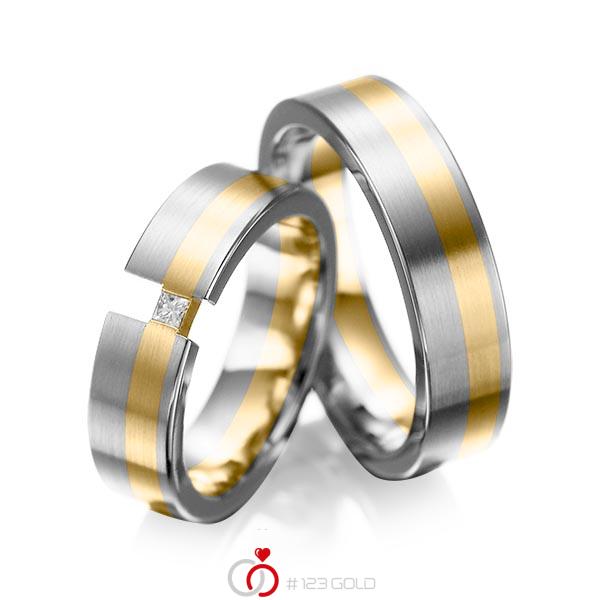 Set Bicolor trouwringen in grijsgoud 14 kt. geelgoud 14 kt. met in totaal 0,05 ct. Princess-Diamant tw/si van acredo - A-1025-8 Set Bicolor trouwringen in grijsgoud 14 kt. geelgoud 14 kt. met in totaal 0,05 ct. Princess-Diamant tw/si van acredo - A-1025-8