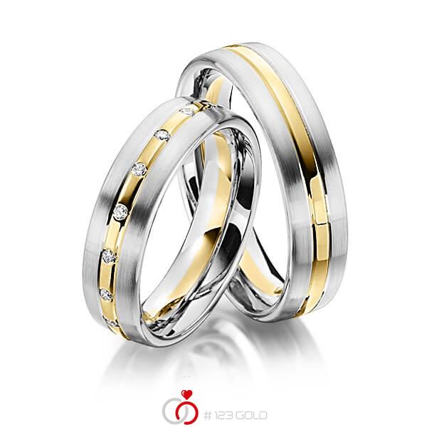 Set Bicolor trouwringen in grijsgoud 14 kt. geelgoud 14 kt. met in totaal 0,17 ct. Briljant tw/si van Steinberg - Q-1345-7 Set Bicolor trouwringen in grijsgoud 14 kt. geelgoud 14 kt. met in totaal 0,17 ct. Briljant tw/si van Steinberg - Q-1345-7