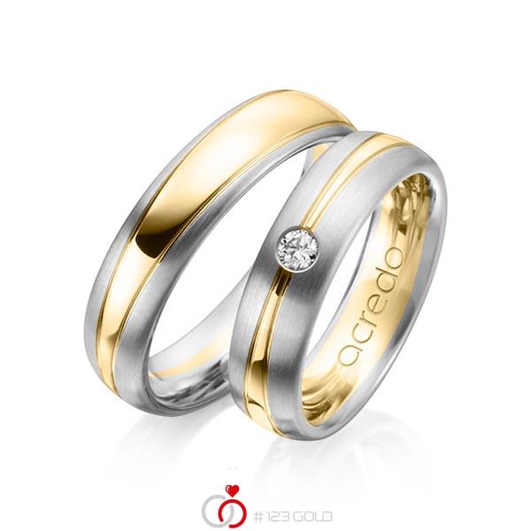 Set Bicolor trouwringen in grijsgoud 14 kt. geelgoud 14 kt. met in totaal 0,1 ct. Briljant tw/si van acredo - A-1149-9 Set Bicolor trouwringen in grijsgoud 14 kt. geelgoud 14 kt. met in totaal 0,1 ct. Briljant tw/si van acredo - A-1149-9