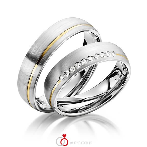 Set Bicolor trouwringen in grijsgoud 14 kt. geelgoud 14 kt. met in totaal 0,1 ct. Briljant tw/si van Steinberg - Q-1346-9 Set Bicolor trouwringen in grijsgoud 14 kt. geelgoud 14 kt. met in totaal 0,1 ct. Briljant tw/si van Steinberg - Q-1346-9