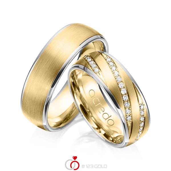 Set Bicolor trouwringen in grijsgoud 14 kt. geelgoud 14 kt. met in totaal 0,44 ct. Briljant tw/si van acredo - A-1150-8 Set Bicolor trouwringen in grijsgoud 14 kt. geelgoud 14 kt. met in totaal 0,44 ct. Briljant tw/si van acredo - A-1150-8