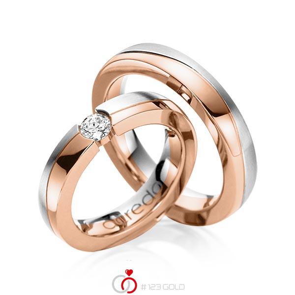 Set Bicolor trouwringen in grijsgoud 14 kt. roodgoud 14 kt. met 0,3 ct. Briljant tw/si van acredo - A-1119-3 Set Bicolor trouwringen in grijsgoud 14 kt. roodgoud 14 kt. met 0,3 ct. Briljant tw/si van acredo - A-1119-3