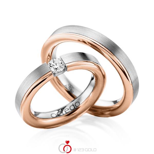 Set Bicolor trouwringen in grijsgoud 14 kt. roodgoud 14 kt. met 0,3 ct. Briljant tw/si van acredo - A-1121-3 Set Bicolor trouwringen in grijsgoud 14 kt. roodgoud 14 kt. met 0,3 ct. Briljant tw/si van acredo - A-1121-3