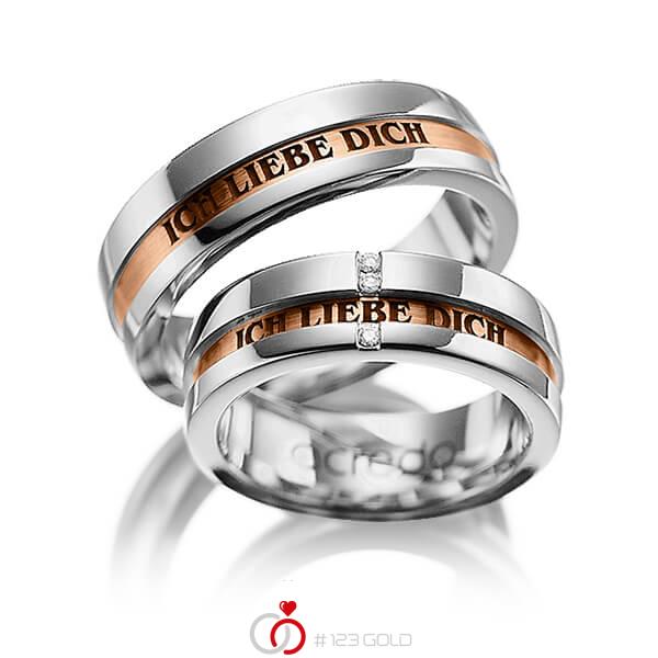 Set Bicolor trouwringen in grijsgoud 14 kt. roodgoud 14 kt. met in totaal 0,03 ct. Briljant tw/si van acredo - A-1032-6 Set Bicolor trouwringen in grijsgoud 14 kt. roodgoud 14 kt. met in totaal 0,03 ct. Briljant tw/si van acredo - A-1032-6