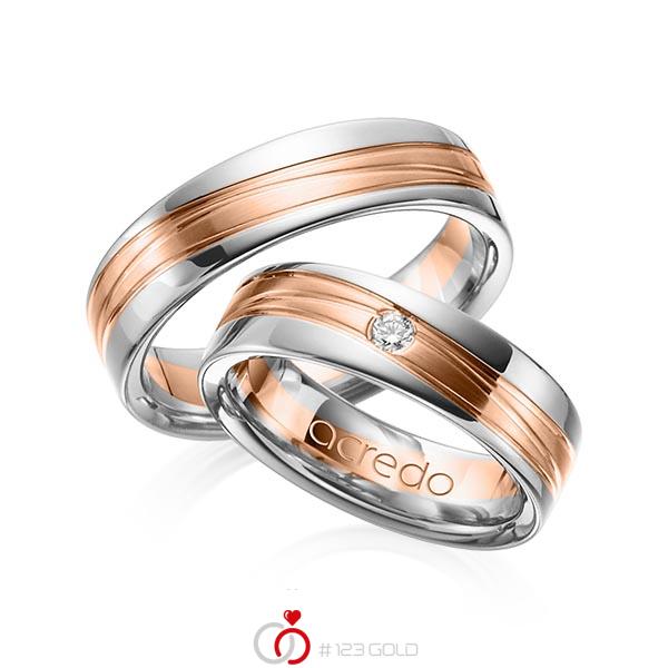 Set Bicolor trouwringen in grijsgoud 14 kt. roodgoud 14 kt. met in totaal 0,05 ct. Briljant tw/si van acredo - A-1154-10 Set Bicolor trouwringen in grijsgoud 14 kt. roodgoud 14 kt. met in totaal 0,05 ct. Briljant tw/si van acredo - A-1154-10