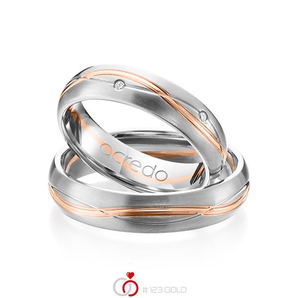 Set Bicolor trouwringen in grijsgoud 14 kt. roodgoud 14 kt. met in totaal 0,06 ct. Briljant tw/si van acredo - A-1158-15 Set Bicolor trouwringen in grijsgoud 14 kt. roodgoud 14 kt. met in totaal 0,06 ct. Briljant tw/si van acredo - A-1158-15