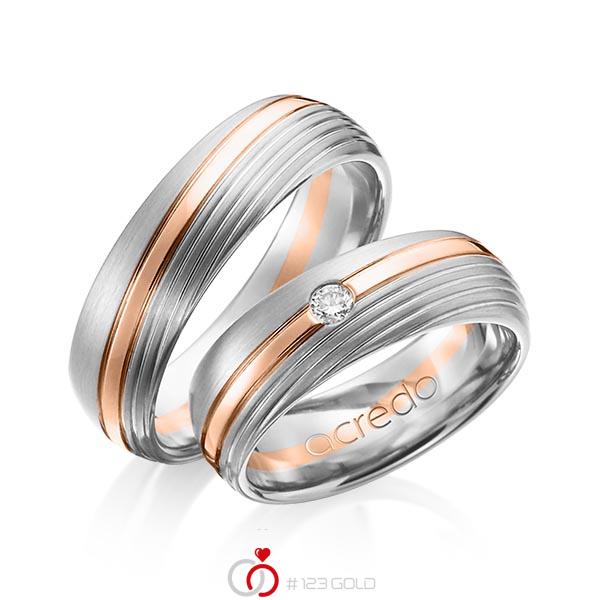 Set Bicolor trouwringen in grijsgoud 14 kt. roodgoud 14 kt. met in totaal 0,07 ct. Briljant tw/si van acredo - A-1151-8 Set Bicolor trouwringen in grijsgoud 14 kt. roodgoud 14 kt. met in totaal 0,07 ct. Briljant tw/si van acredo - A-1151-8