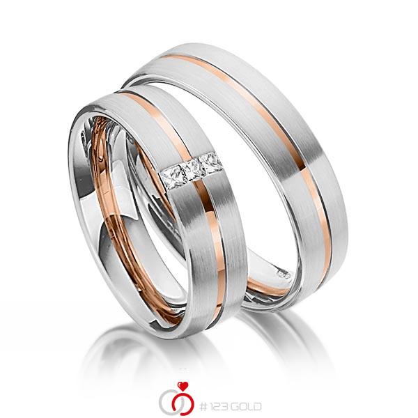 Set Bicolor trouwringen in grijsgoud 14 kt. roodgoud 14 kt. met in totaal 0,09 ct. Princess-Diamant tw/si van Steinberg - Q-1344-6 Set Bicolor trouwringen in grijsgoud 14 kt. roodgoud 14 kt. met in totaal 0,09 ct. Princess-Diamant tw/si van Steinberg - Q-1344-6