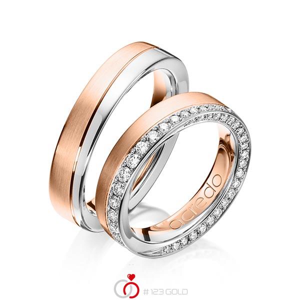 Set Bicolor trouwringen in grijsgoud 14 kt. roodgoud 14 kt. met in totaal 0,654 ct. Briljant tw/si van acredo - A-1156-11 Set Bicolor trouwringen in grijsgoud 14 kt. roodgoud 14 kt. met in totaal 0,654 ct. Briljant tw/si van acredo - A-1156-11