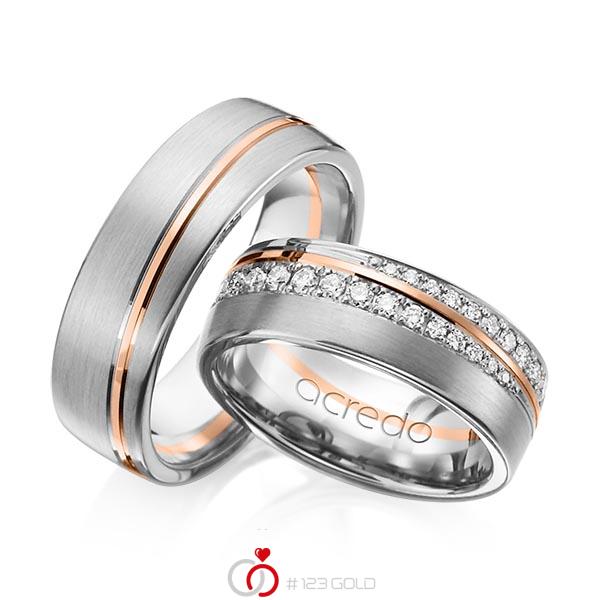 Set Bicolor trouwringen in grijsgoud 14 kt. roodgoud 14 kt. met in totaal 0,884 ct. Briljant tw/si van acredo - A-1155-9 Set Bicolor trouwringen in grijsgoud 14 kt. roodgoud 14 kt. met in totaal 0,884 ct. Briljant tw/si van acredo - A-1155-9