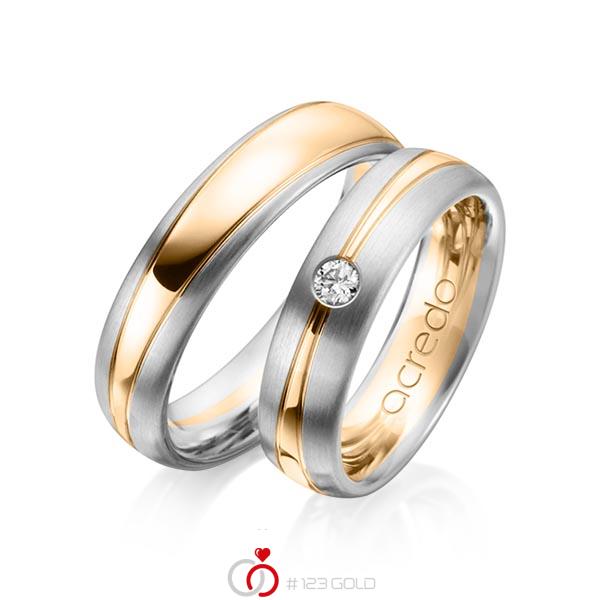 Set Bicolor trouwringen in grijsgoud 14 kt. roségoud 14 kt. met in totaal 0,1 ct. Briljant tw/si van acredo - A-1149-10 Set Bicolor trouwringen in grijsgoud 14 kt. roségoud 14 kt. met in totaal 0,1 ct. Briljant tw/si van acredo - A-1149-10