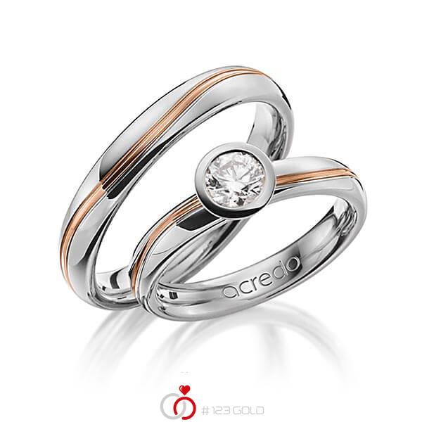 Set Bicolor trouwringen in grijsgoud 18 kt. roodgoud 18 kt. met 0,5 ct. Briljanten r,if van acredo - A-1256-8 Set Bicolor trouwringen in grijsgoud 18 kt. roodgoud 18 kt. met 0,5 ct. Briljanten r,if van acredo - A-1256-8
