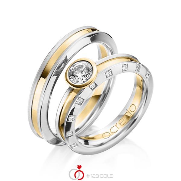 Set Bicolor trouwringen in platina 950 geelgoud 18 kt. met 0,5 ct. + in totaal 0,09 ct. Briljant & Briljanten tw,vs tw/si van acredo - A-1200-2 Set Bicolor trouwringen in platina 950 geelgoud 18 kt. met 0,5 ct. + in totaal 0,09 ct. Briljant & Briljanten tw,vs tw/si van acredo - A-1200-2