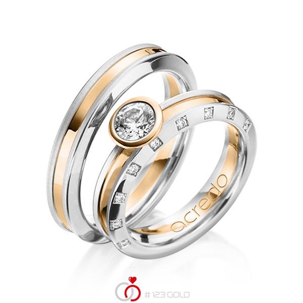 Set Bicolor trouwringen in platina 950 roségoud 18 kt. met 0,5 ct. + in totaal 0,09 ct. Briljant & Briljanten tw,vs van acredo - A-1200-1 Set Bicolor trouwringen in platina 950 roségoud 18 kt. met 0,5 ct. + in totaal 0,09 ct. Briljant & Briljanten tw,vs van acredo - A-1200-1