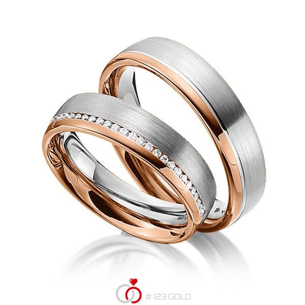 Set Bicolor trouwringen in roodgoud 14 kt. grijsgoud 14 kt. met in totaal 0,145 ct. Briljant tw/si van Steinberg - Q-1337-4 Set Bicolor trouwringen in roodgoud 14 kt. grijsgoud 14 kt. met in totaal 0,145 ct. Briljant tw/si van Steinberg - Q-1337-4