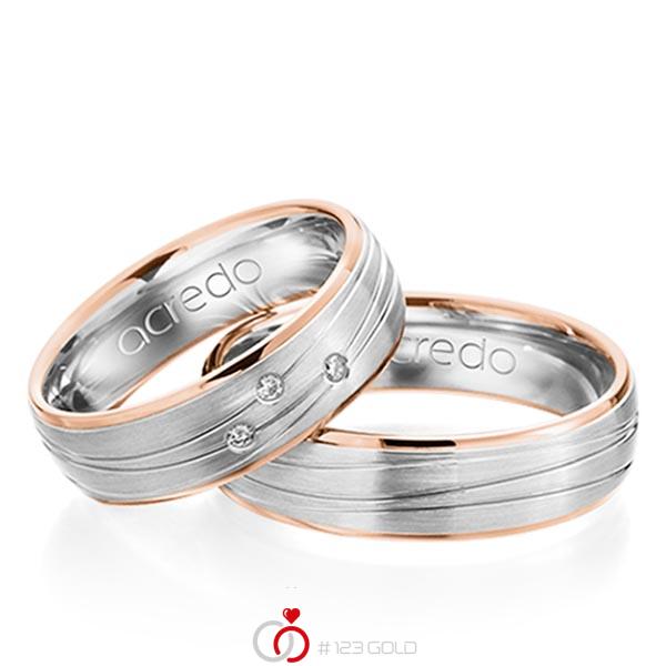 Set Bicolor trouwringen in roodgoud 14 kt. witgoud 14 kt. met in totaal 0,045 ct. Briljant tw/si van acredo - A-1157-1 Set Bicolor trouwringen in roodgoud 14 kt. witgoud 14 kt. met in totaal 0,045 ct. Briljant tw/si van acredo - A-1157-1
