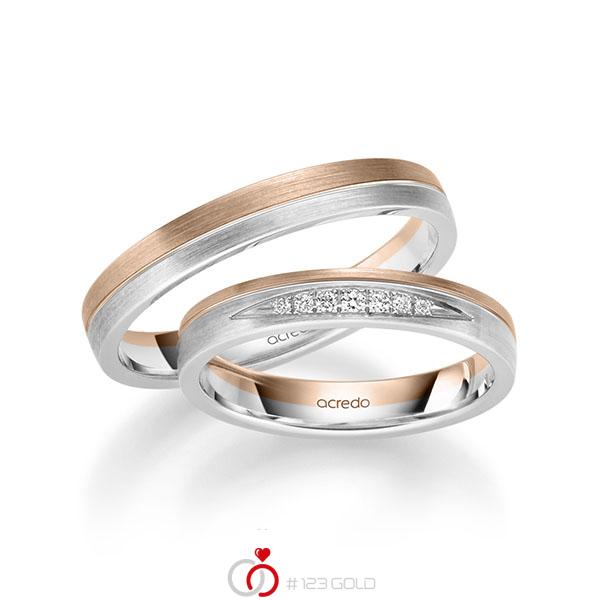 Set Bicolor trouwringen in roodgoud 14 kt. witgoud 14 kt. met in totaal 0,061 ct. Briljant tw/si van acredo - S-1255-3 Set Bicolor trouwringen in roodgoud 14 kt. witgoud 14 kt. met in totaal 0,061 ct. Briljant tw/si van acredo - S-1255-3
