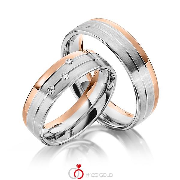 Set Bicolor trouwringen in roodgoud 14 kt. witgoud 14 kt. met in totaal 0,06 ct. Briljant tw/si van Steinberg - Q-1340-10 Set Bicolor trouwringen in roodgoud 14 kt. witgoud 14 kt. met in totaal 0,06 ct. Briljant tw/si van Steinberg - Q-1340-10
