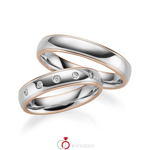Set Bicolor trouwringen in roodgoud 14 kt. witgoud 14 kt. met in totaal 0,075 ct. Briljant tw/si - UQ-1010-1 Set Bicolor trouwringen in roodgoud 14 kt. witgoud 14 kt. met in totaal 0,075 ct. Briljant tw/si - UQ-1010-1
