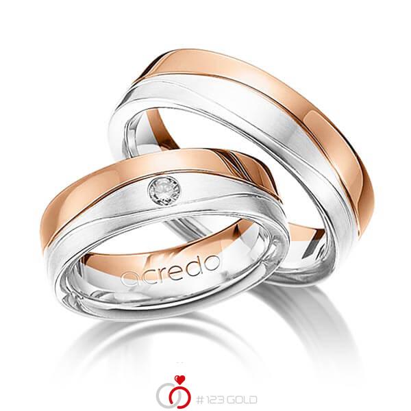 Set Bicolor trouwringen in roodgoud 14 kt. witgoud 14 kt. met in totaal 0,08 ct. Briljant tw/si van acredo - A-1160-1 Set Bicolor trouwringen in roodgoud 14 kt. witgoud 14 kt. met in totaal 0,08 ct. Briljant tw/si van acredo - A-1160-1